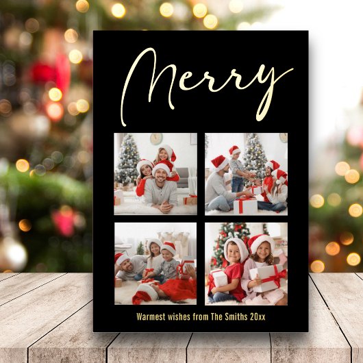 Festive Gold Script MERRY Modern Black Photo Folie Feestdagenkaart