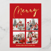 Festive Gold Script MERRY Modern Red Photo Folie Feestdagenkaart (Voorkant)