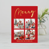 Festive Gold Script MERRY Modern Red Photo Folie Feestdagenkaart (Staand Voorkant)