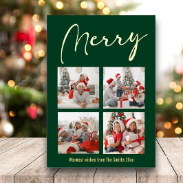 Festive Gold Script MERRY Moderne Green Photo Folie Feestdagenkaart