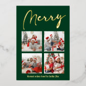 Festive Gold Script MERRY Moderne Green Photo Folie Feestdagenkaart (Voorkant)