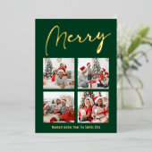 Festive Gold Script MERRY Moderne Green Photo Folie Feestdagenkaart (Staand Voorkant)