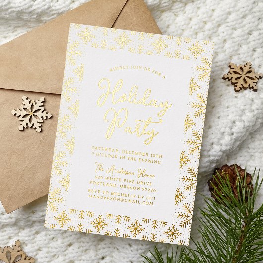 Festive Gold Snowflakes Holiday Party Folie Uitnodiging