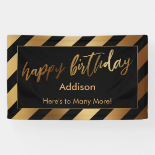 Festive Gold Stripes op Black Happy Birthday Spandoek