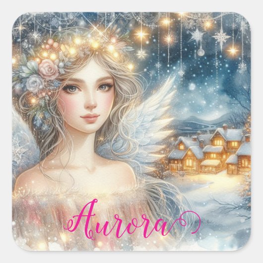 Festive Gold Watercolor Ethereal Frost Snow Angel Vierkante Sticker (Voorkant)