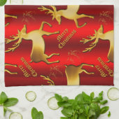 Festive Golden Reindeer op Rode Kerst Theedoek (Gevouwen)