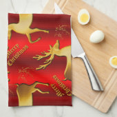 Festive Golden Reindeer op Rode Kerst Theedoek (Quarter Fold)