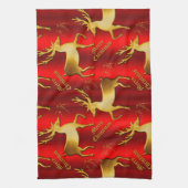 Festive Golden Reindeer op Rode Kerst Theedoek (Verticaal)