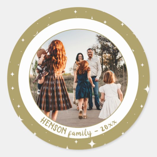 Festive Golden Stars kerstfamilie Foto Ronde Sticker (Voorkant)