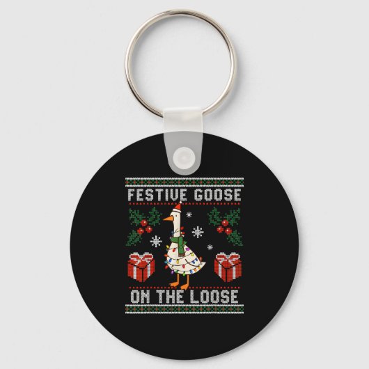 Festive Goose On The Loose Funny Ugly Sweater Chri Sleutelhanger (Voorkant)