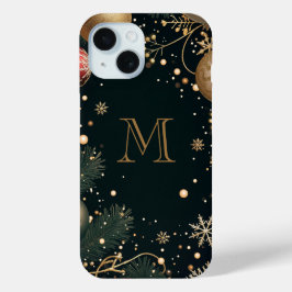 Festive Goud Elegant Kerst Monogram Donker iPhone 15 Case