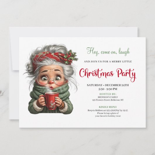 Festive Granny Cartoon Whimsical Xmas Invitation Kaart (Voorkant)