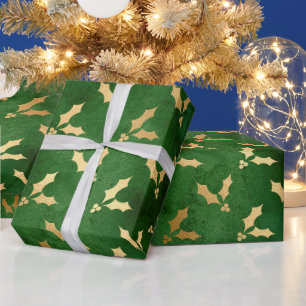 Festive Green and Gold Foil Winter KerstHolly Cadeaupapier