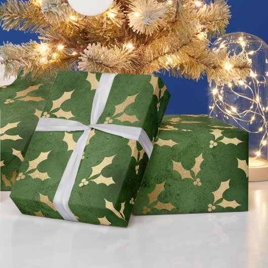 Festive Green and Gold Foil Winter KerstHolly Cadeaupapier (Feestdagen)