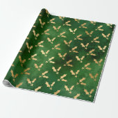 Festive Green and Gold Foil Winter KerstHolly Cadeaupapier (Uitgerold)
