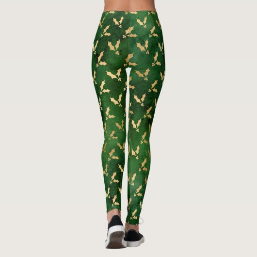 Festive Green and Gold Foil Winter KerstHolly Leggings (Achterkant)