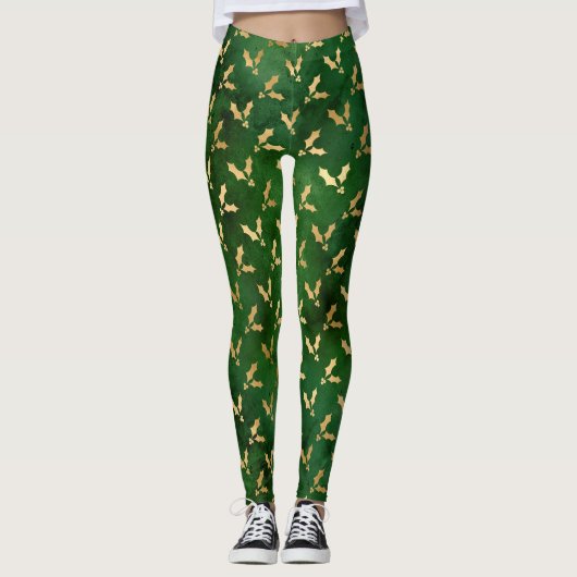Festive Green and Gold Foil Winter KerstHolly Leggings (Voorkant)