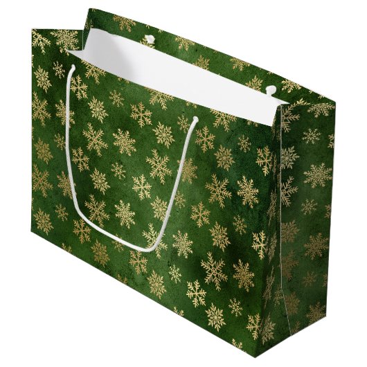 Festive Green and Gold Foil Winter Snowflakes Groot Cadeauzakje (Voorkant Gekanteld)