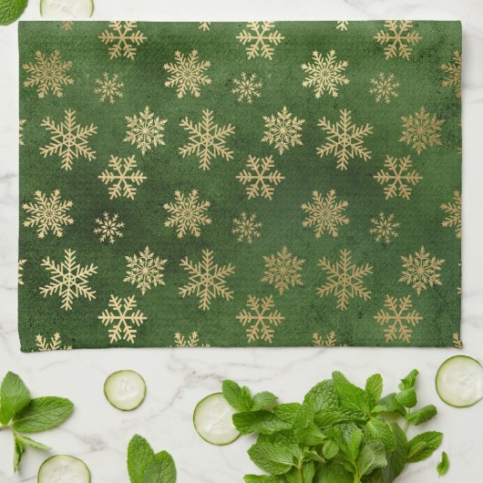 Festive Green and Gold Foil Winter Snowflakes Theedoek (Gevouwen)