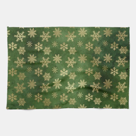 Festive Green and Gold Foil Winter Snowflakes Theedoek (Horizontaal)