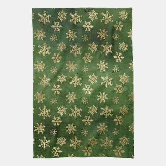 Festive Green and Gold Foil Winter Snowflakes Theedoek (Verticaal)