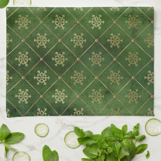 Festive Green and Gold Foil Winter Snowflakes Theedoek (Gevouwen)