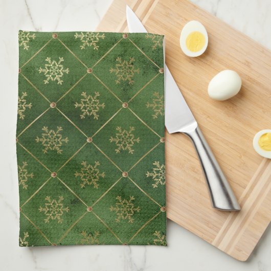Festive Green and Gold Foil Winter Snowflakes Theedoek (Quarter Fold)