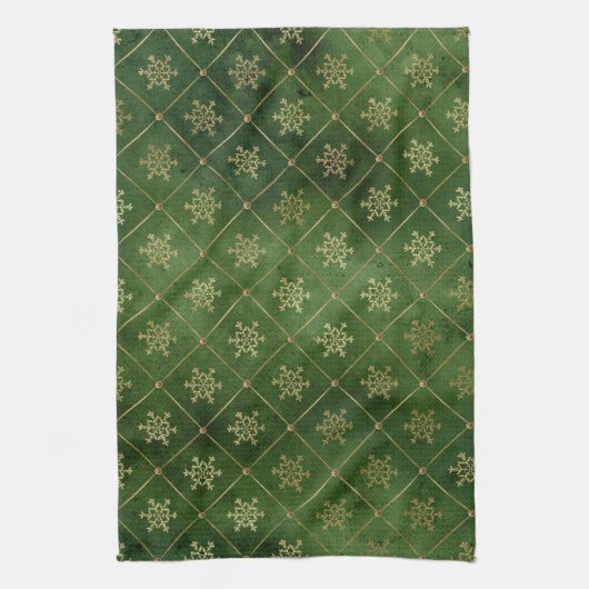 Festive Green and Gold Foil Winter Snowflakes Theedoek (Verticaal)