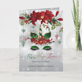 Festive Green and Gold Holiday Unicorn Face Feestdagen Kaart