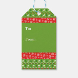 Festive Green and Red Reindeer and Snowflakes Cadeaulabel