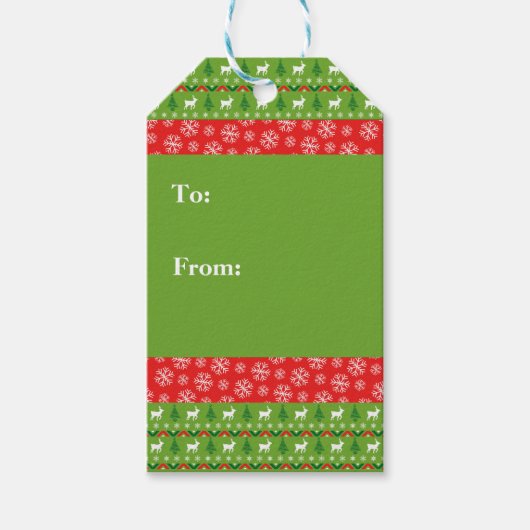 Festive Green and Red Reindeer and Snowflakes Cadeaulabel (Voorkant)