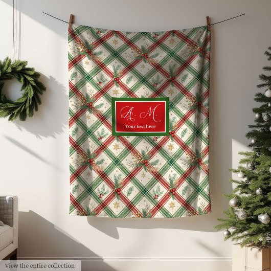 Festive green and red tartan monogram holiday fleece deken
