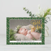 Festive Green Candy Cane Elegant Gold Script Photo Feestdagenkaart (Staand voorkant)