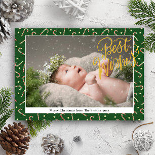 Festive Green Candy Cane Elegant Gold Script Photo Feestdagenkaart