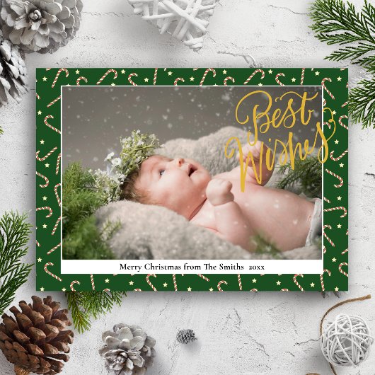 Festive Green Candy Cane Elegant Gold Script Photo Feestdagenkaart