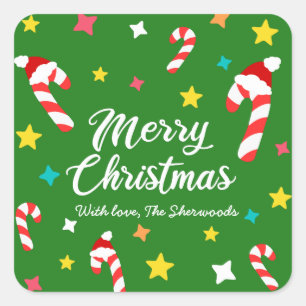 Festive Green Candy Cane Pattern Merry Kerstry Vierkante Sticker