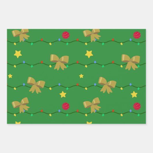 Festive Green Christmas Lights & Gold Bows  Inpakpapier Vel (Voorkant)