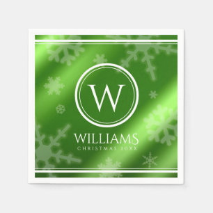Festive Green Foil Snowflakes Monogram Name Servet