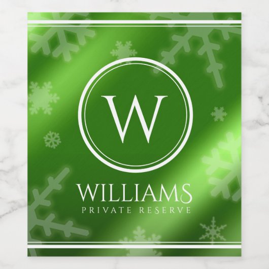 Festive Green Foil Snowflakes Monogram Name Wijn Etiket (Enkel label)
