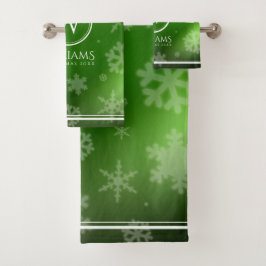 Festive Green Folie Snowflakes Monogram Naam Bad Handdoek