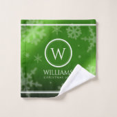 Festive Green Folie Snowflakes Monogram Naam Bad Handdoek (Wasdoekje)