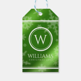 Festive Green Folie Snowflakes Monogram Naam Cadeaulabel