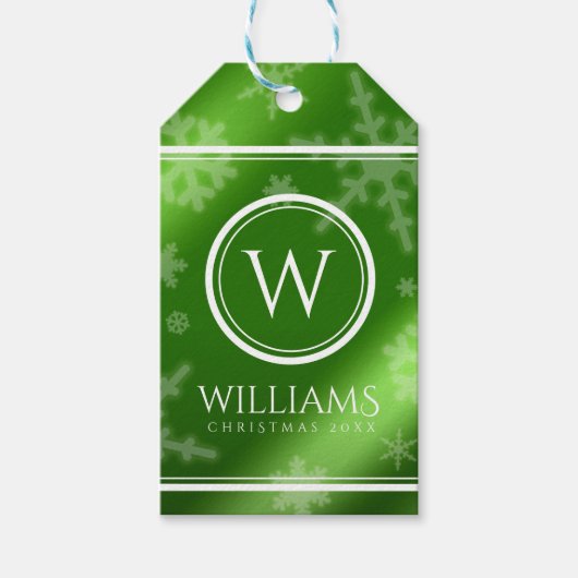 Festive Green Folie Snowflakes Monogram Naam Cadeaulabel (Voorkant)