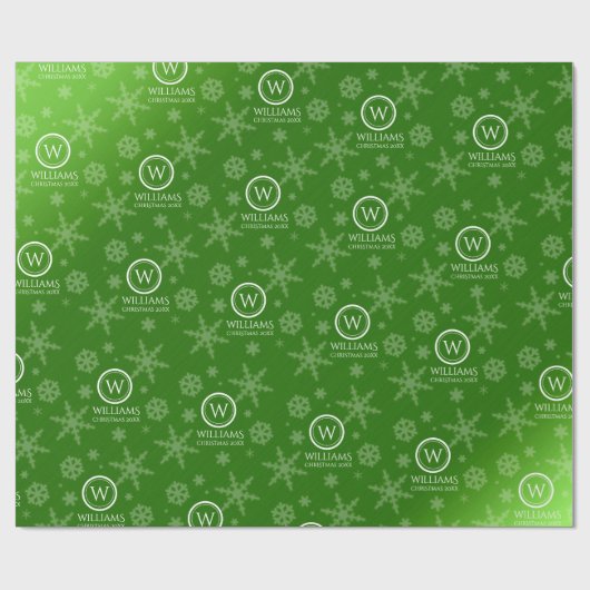 Festive Green Folie Snowflakes Monogram Naam Cadeaupapier (Vlak)