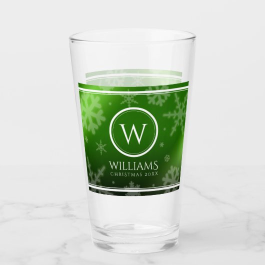 Festive Green Folie Snowflakes Monogram Naam Glas (Voorkant)