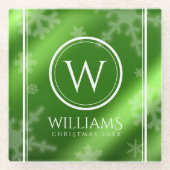 Festive Green Folie Snowflakes Monogram Naam Glazen Onderzetter (Voorkant)