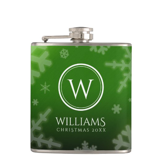 Festive Green Folie Snowflakes Monogram Naam Heupfles (Voorkant)