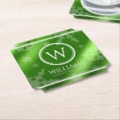 Festive Green Folie Snowflakes Monogram Naam Kartonnen Onderzetters (Gekanteld)