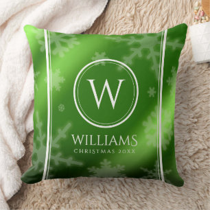 Festive Green Folie Snowflakes Monogram Naam Kussen