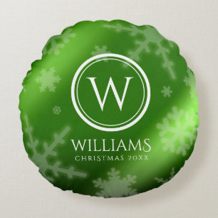 Festive Green Folie Snowflakes Monogram Naam Rond Kussen